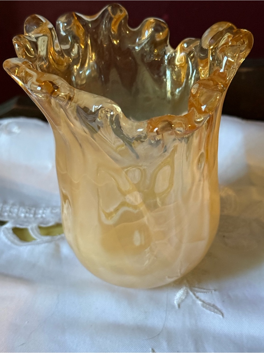 Vintage Murano Peach Cream Swirl Glass Vase/Candleholder Ruffled Edge